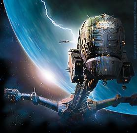 The Event Horizon spacecraft orbiting above a blue planet