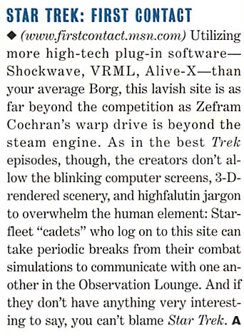 Entertainment Weekly review of the Star Trek: First Contact website
