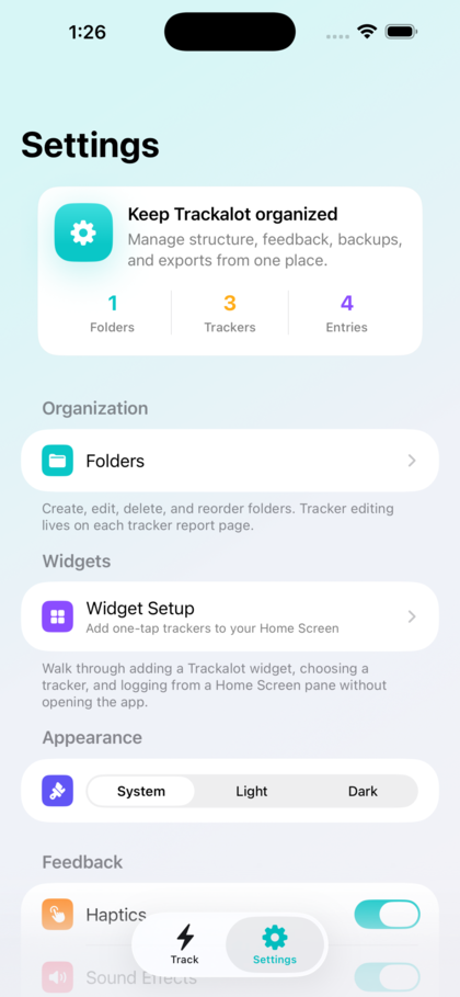 Trackalot Settings screen with folders, widgets, appearance, feedback, backups, and export options.
