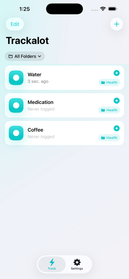 Trackalot Track tab showing Water, Medication, and Coffee trackers.